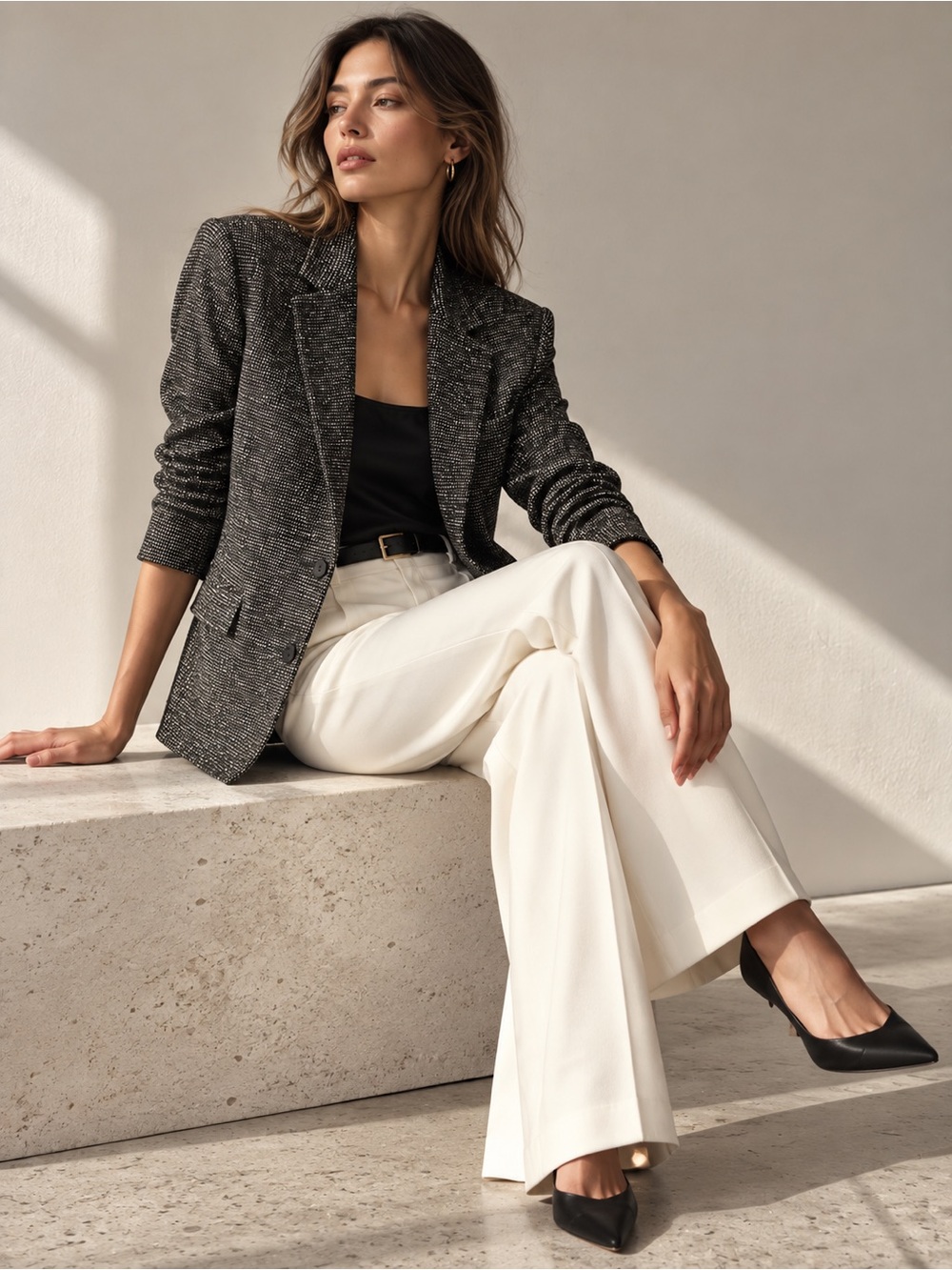 Alfani 100% Silk Textured Tweed Blazer Black Ivory Sz 10